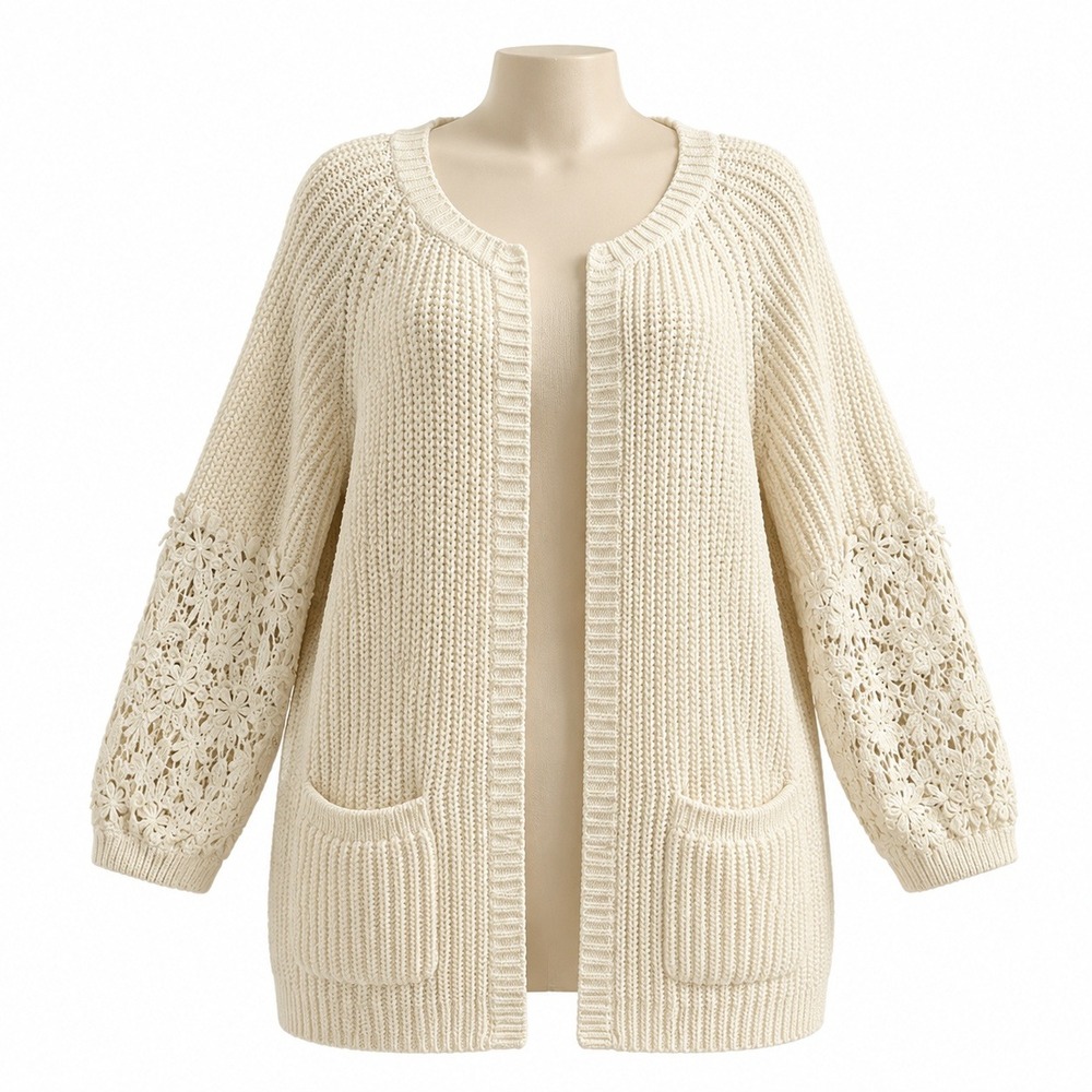 Lauren Conrad Cream Chunky cable Knit Cardigan Floral Lace Sleeve XL Ivory